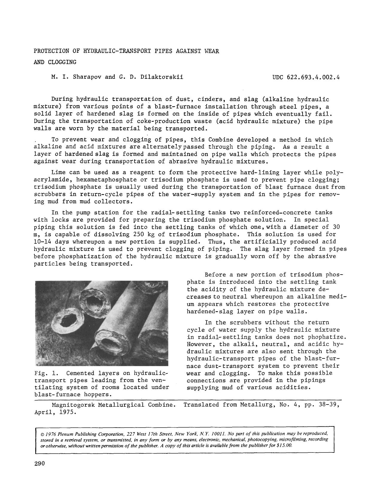 Protection of hydraulic-transport pipes against wear and clogging by Unknown