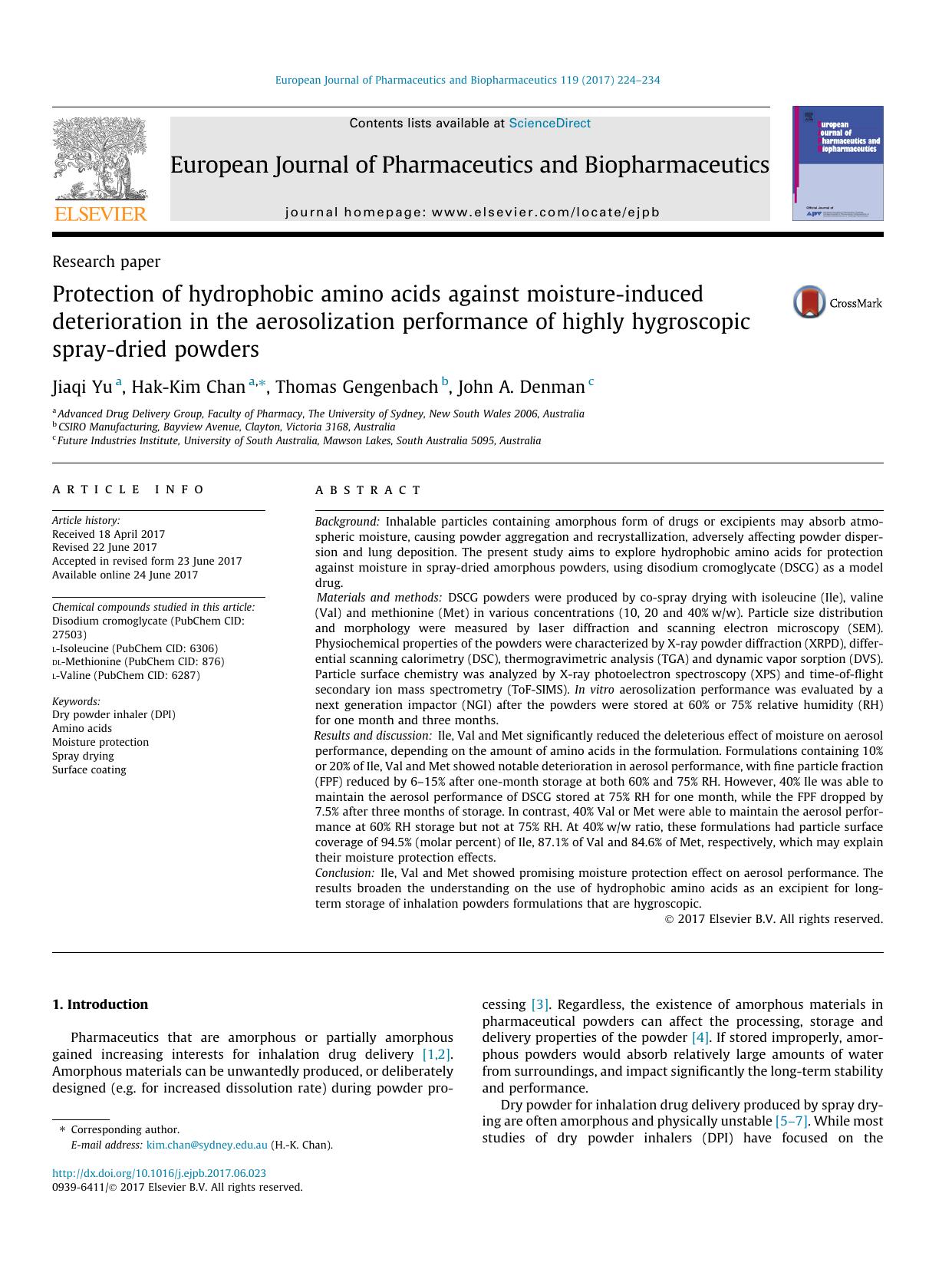 Protection of hydrophobic amino acids against moisture-induced deterioration in the aerosolization performance of highly hygroscopic spray-dried powders by Jiaqi Yu & Hak-Kim Chan & Thomas Gengenbach & John A. Denman