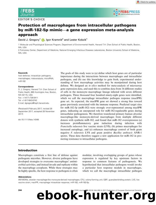 Protection of macrophages from intracellular pathogens by miRâ182â5p mimicâa gene expression metaâanalysis approach by Unknown