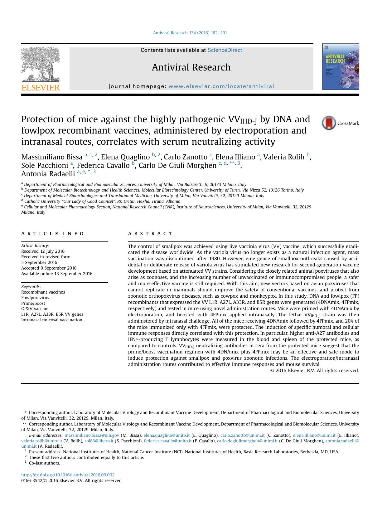 Protection of mice against the highly pathogenic VVIHD-J by DNA and fowlpox recombinant vaccines, administered by electroporation and intranasal routes, correlates with serum neutralizing activity by unknow