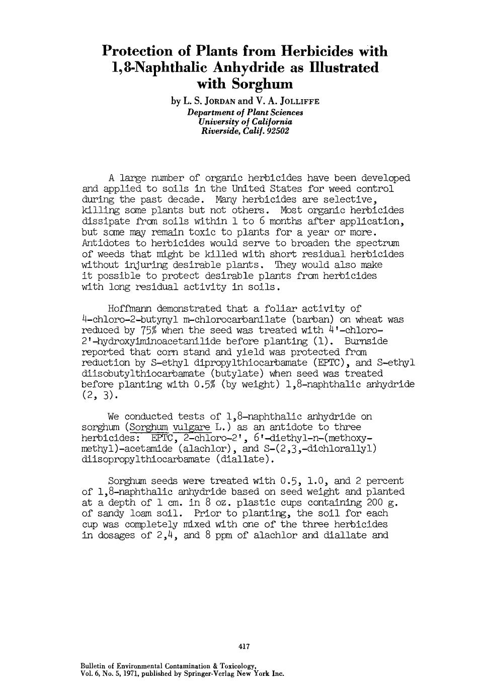 Protection of plants from herbicides with 1,8-naphthalic anhydride as illustrated with sorghum by Unknown