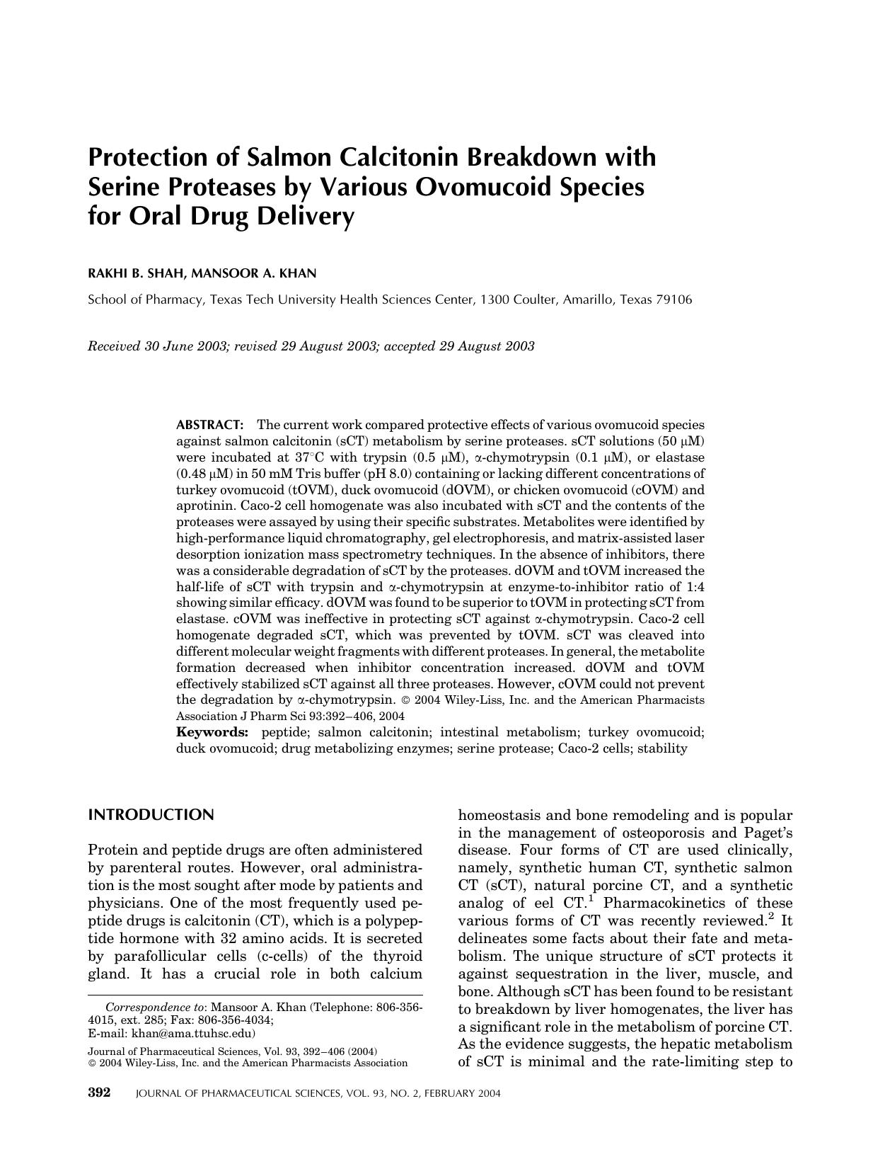 Protection of salmon calcitonin breakdown with serine proteases by various ovomucoid species for oral drug delivery by Unknown