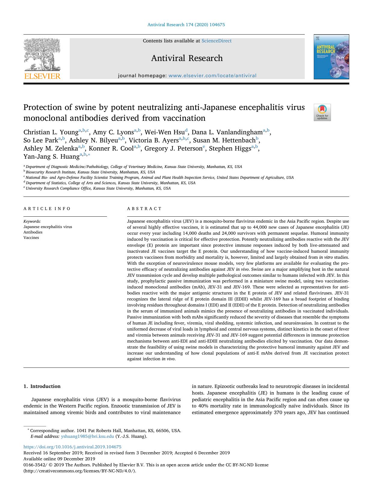 Protection of swine by potent neutralizing anti-Japanese encephalitis virus monoclonal antibodies derived from vaccination by unknow