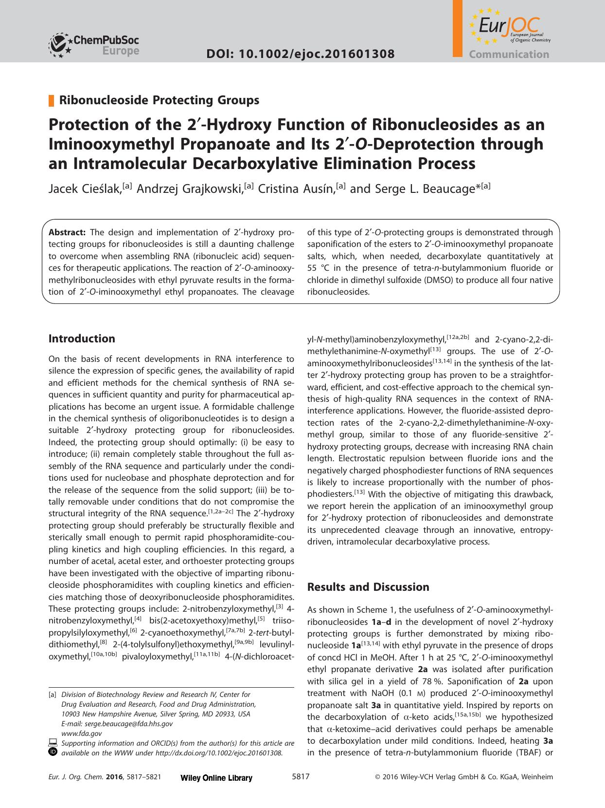 Protection of the 2&#x02032;&#x02010;Hydroxy Function of Ribonucleosides as an Iminooxymethyl Propanoate and Its 2&#x02032;&#x02010;<i>O<i>&#x02010;Deprotection through an Intramol by Unknown