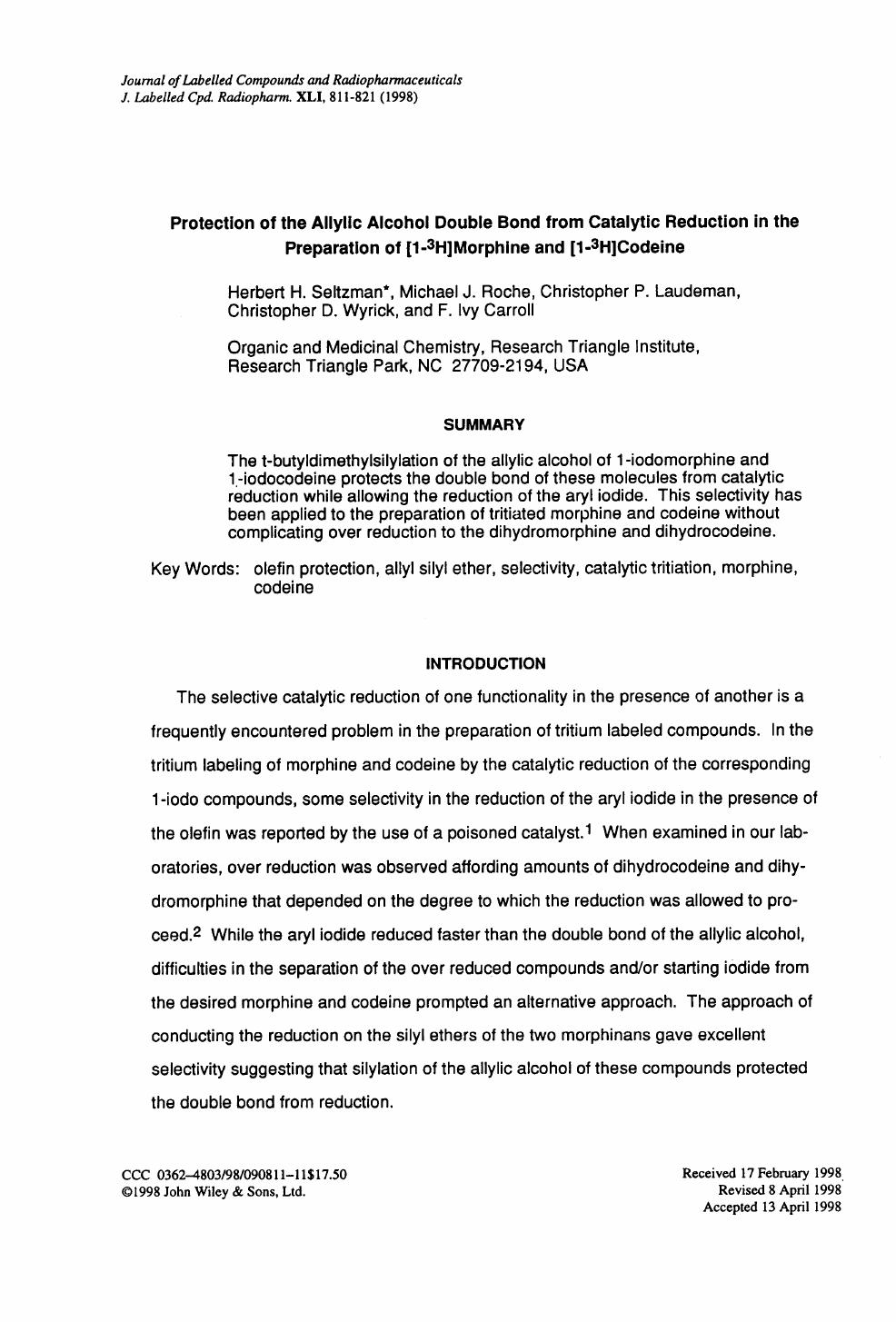 Protection of the allylic alcohol double bond from catalytic reduction in the preparation of [1-3H]morphine and [1-3H]codeine by Unknown