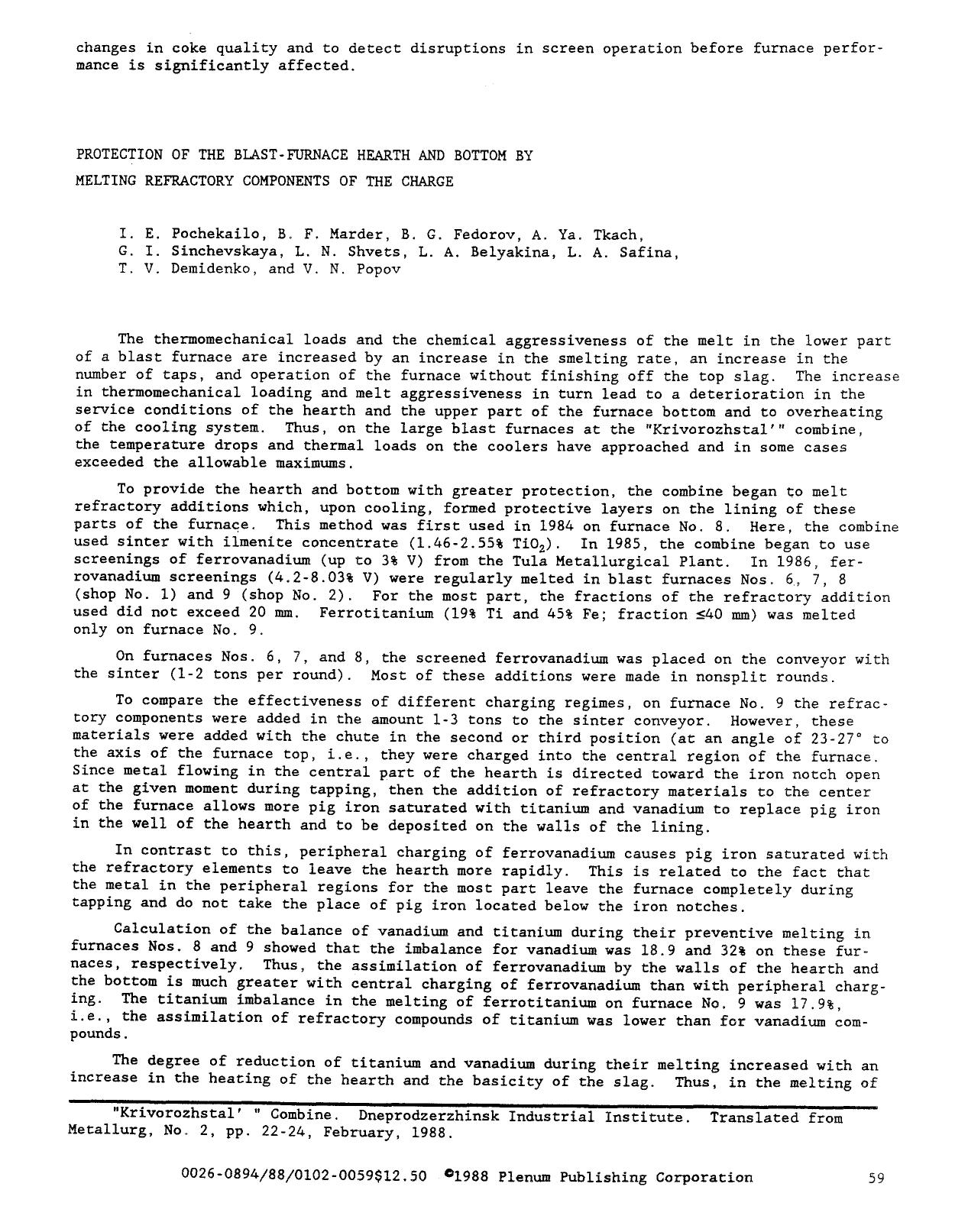 Protection of the blast-furnace hearth and bottom by melting refractory components of the charge by Unknown