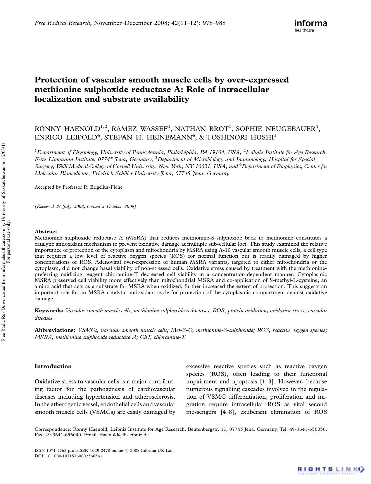 Protection of vascular smooth muscle cells by over-expressed methionine sulphoxide reductase A: Role of intracellular localization and substrate availability by unknow
