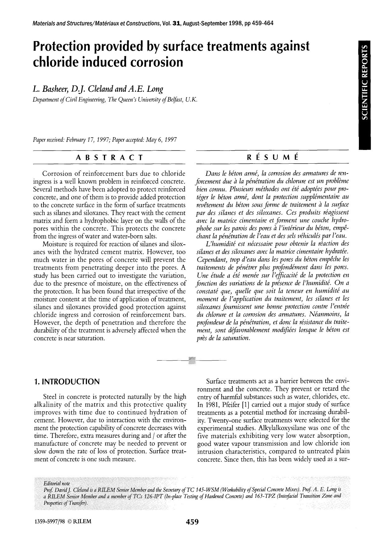 Protection provided by surface treatments against chloride induced corrosion by Unknown
