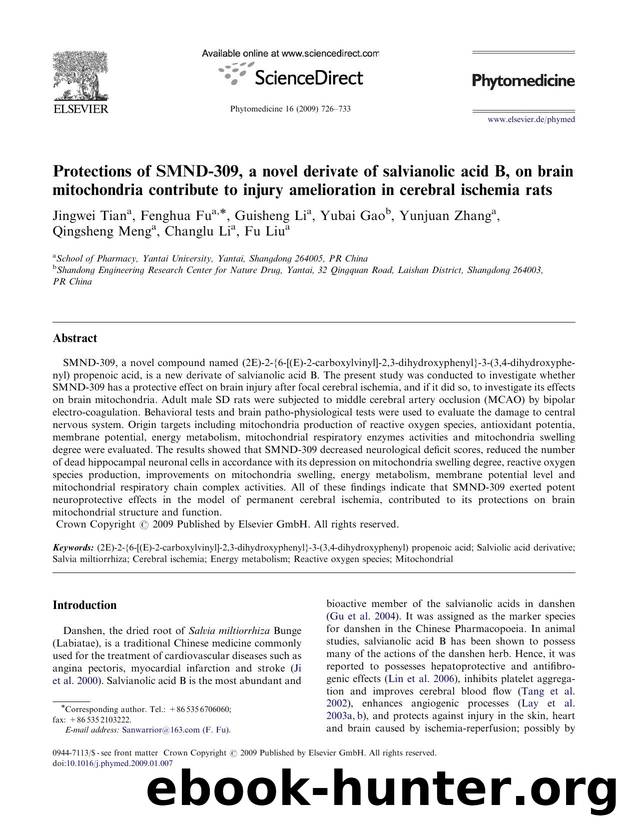 Protections of SMND-309, a novel derivate of salvianolic acid B, on brain mitochondria contribute to injury amelioration in cerebral ischemia rats by Jingwei Tian; Fenghua Fu; Guisheng Li; Yubai Gao; Yunjuan Zhang; Qingsheng Meng; Changlu Li; Fu Liu