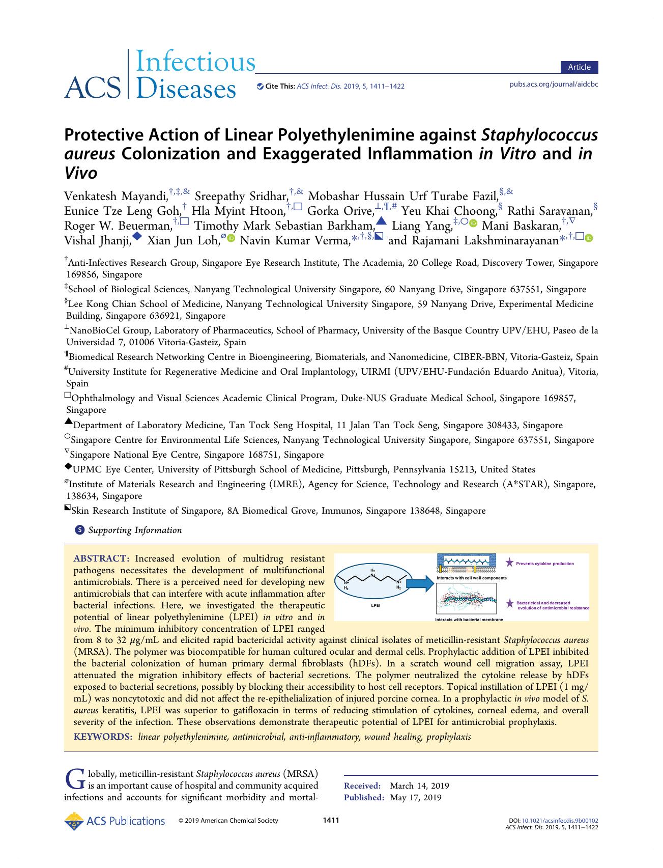 Protective Action of Linear Polyethylenimine against Staphylococcus aureus Colonization and Exaggerated Inflammation in Vitro and in Vivo by unknow