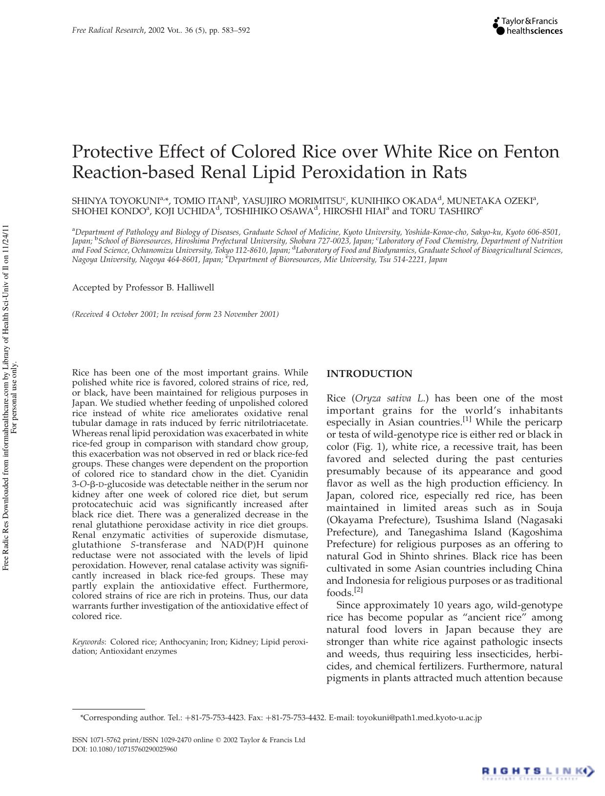 Protective Effect of Colored Rice over White Rice on Fenton Reaction-based Renal Lipid Peroxidation in Rats by unknow