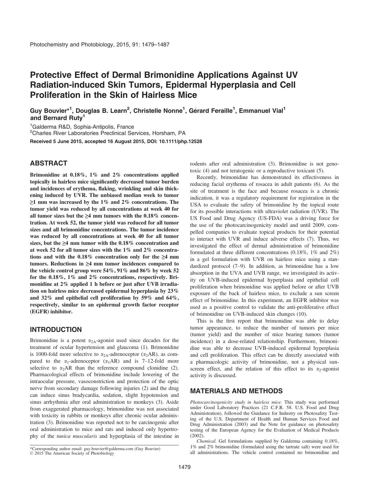 Protective Effect of Dermal Brimonidine Applications Against UV Radiation&#x2010;induced Skin Tumors, Epidermal Hyperplasia and Cell Proliferation in the Skin of Hairless Mice by Unknown