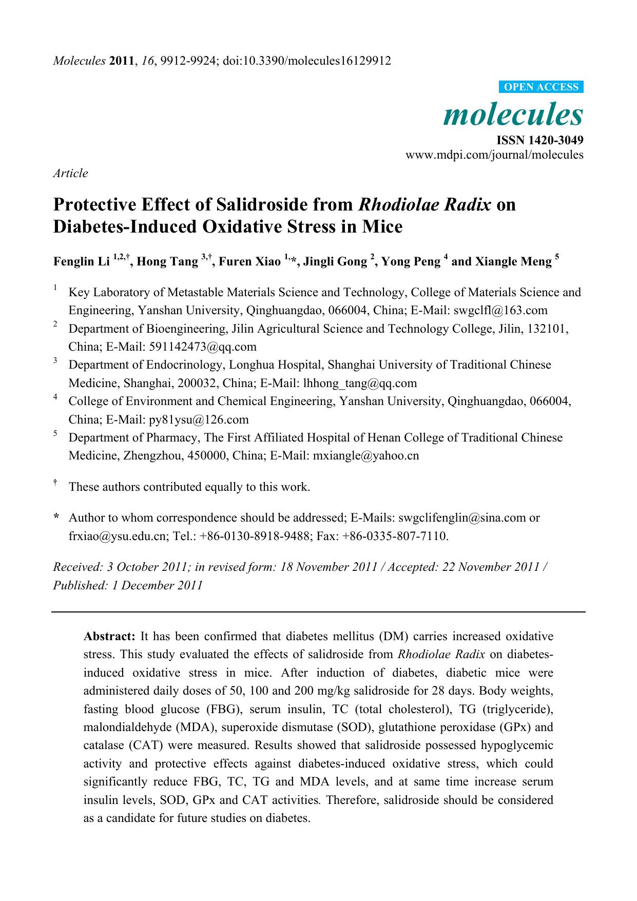 Protective Effect of Salidroside from Rhodiolae Radix on Diabetes-Induced Oxidative Stress in Mice by Fenglin Li & Hong Tang & Furen Xiao & Jingli Gong & Yong Peng and Xiangle Meng