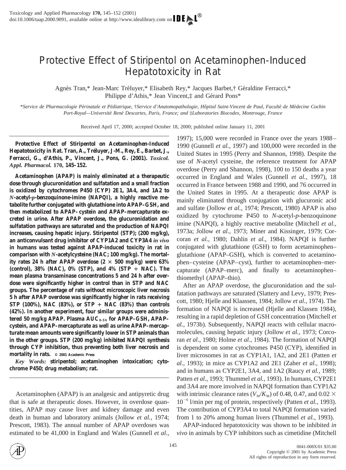 Protective Effect of Stiripentol on Acetaminophen-Induced Hepatotoxicity in Rat by Tran A. et al