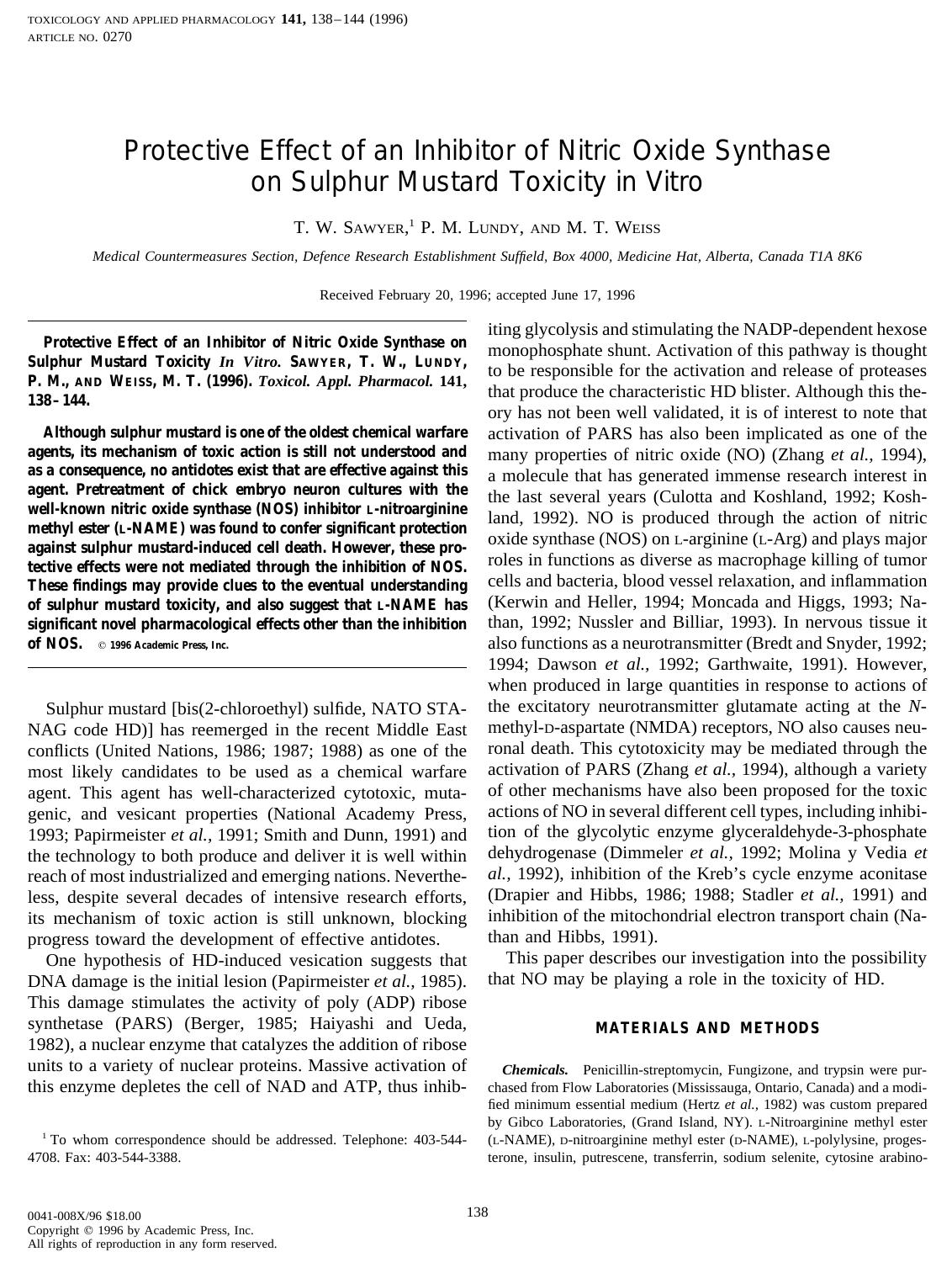 Protective Effect of an Inhibitor of Nitric Oxide Synthase on Sulphur Mustard Toxicity in Vitro by Sawyer T. W. et al