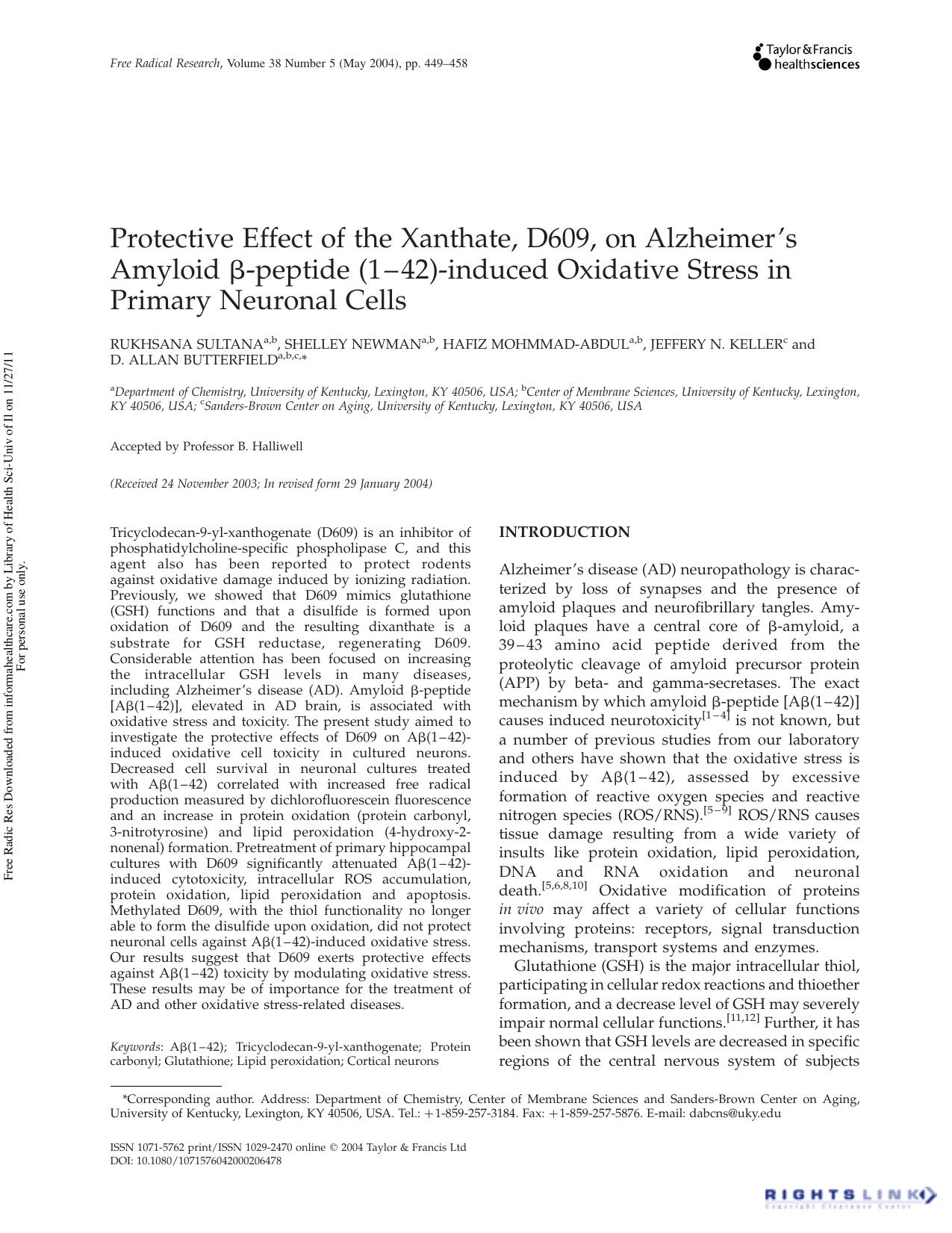 Protective Effect of the Xanthate, D609, on Alzheimer's Amyloid Î²-peptide (1â42)-induced Oxidative Stress in Primary Neuronal Cells by unknow