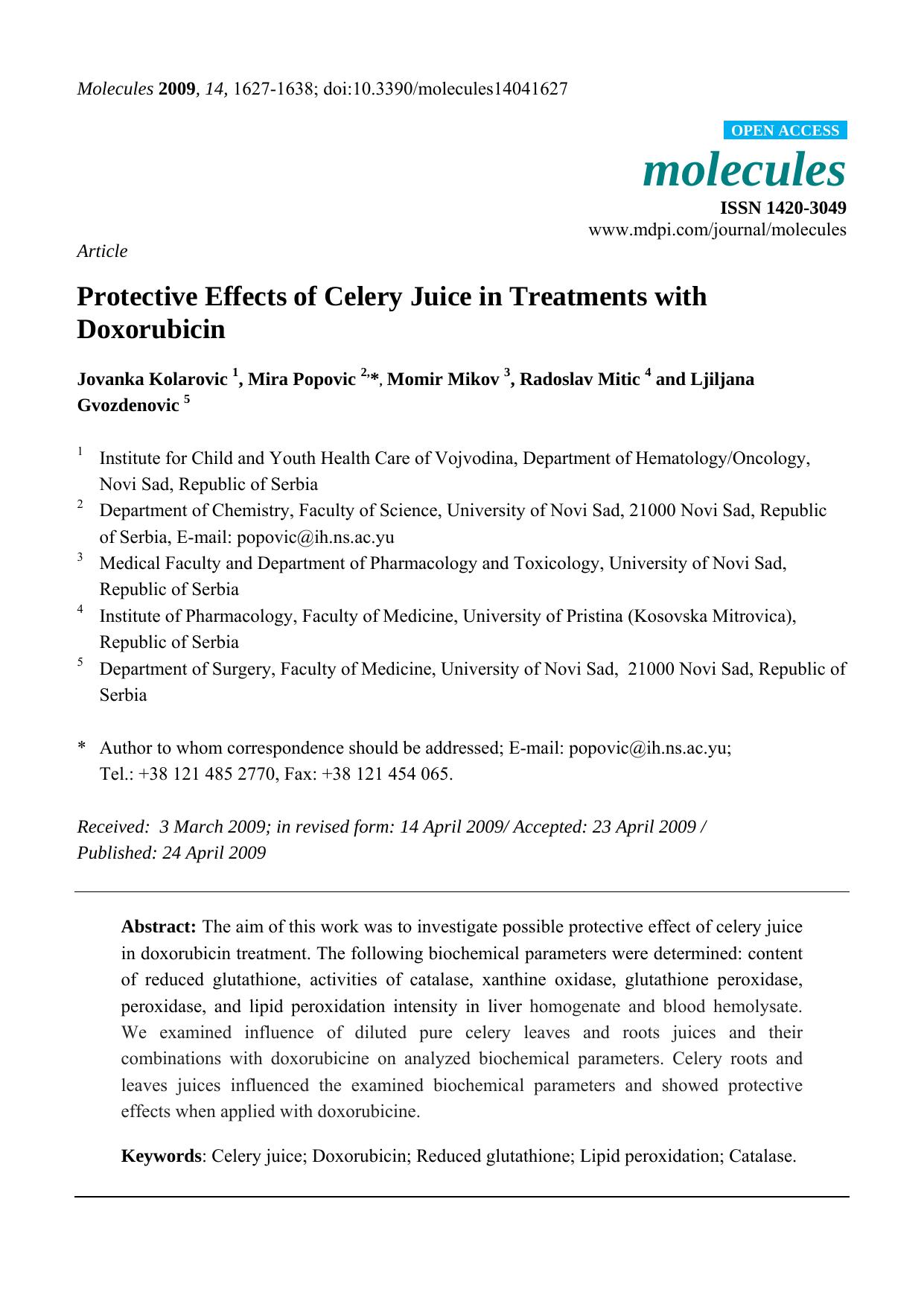 Protective Effects of Celery Juice in Treatments with Doxorubicin by Jovanka Kolarovic & Mira Popovic & Momir Mikov & Radoslav Mitic & Ljiljana Gvozdenovic