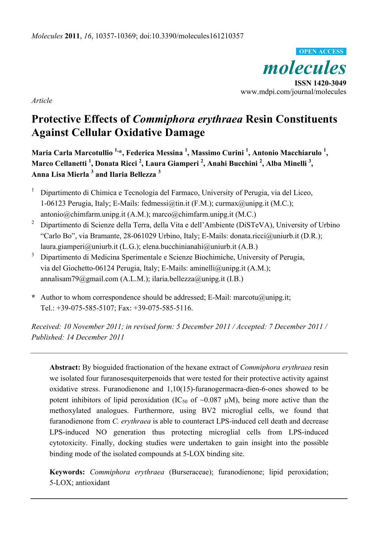 Protective Effects of Commiphora erythraea Resin Constituents Against Cellular Oxidative Damage by unknow