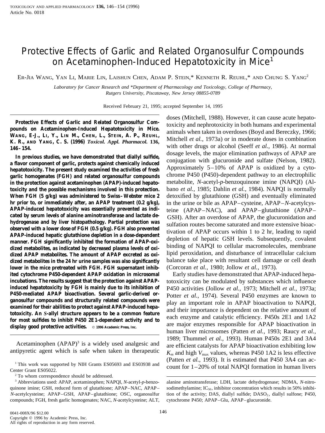 Protective Effects of Garlic and Related Organosulfur Compounds on Acetaminophen-Induced Hepatotoxicity in Mice by Wang E.-J. et al