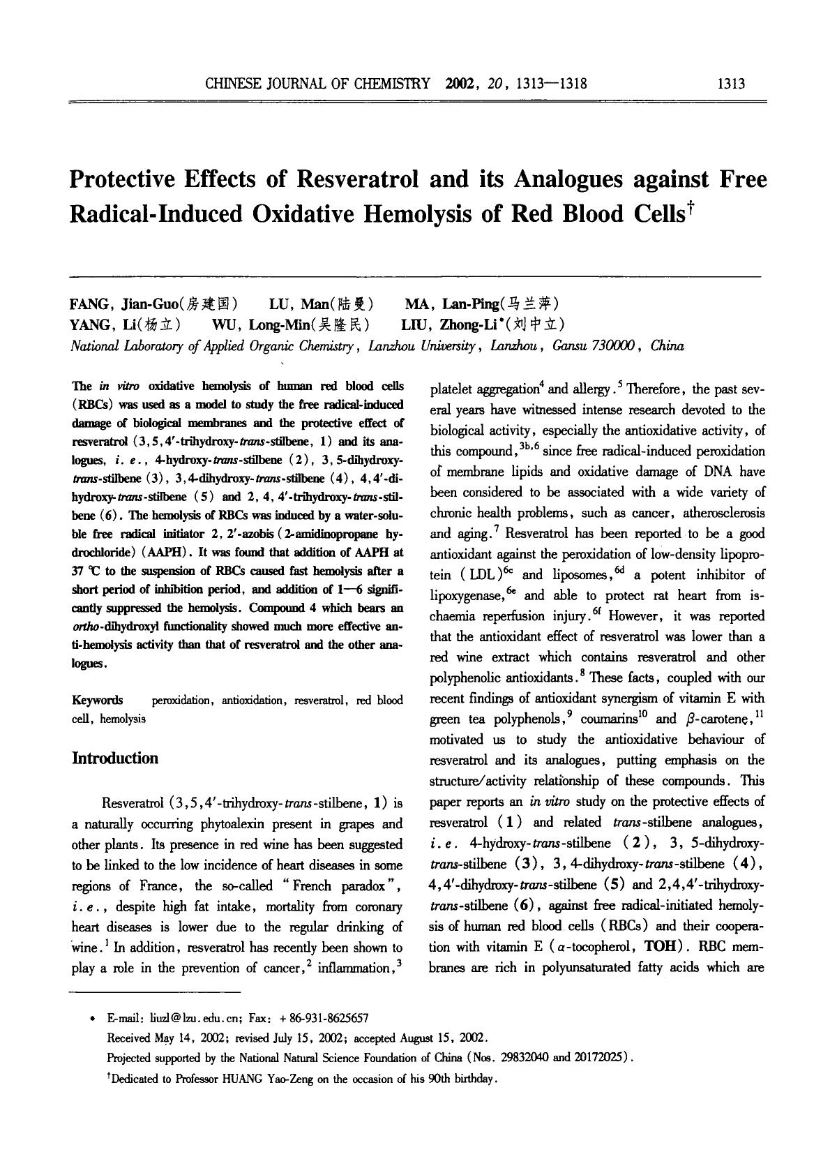 Protective Effects of Resveratrol and its Analogues against Free RadicalInduced Oxidative Hemolysis of Red Blood Cells by Unknown