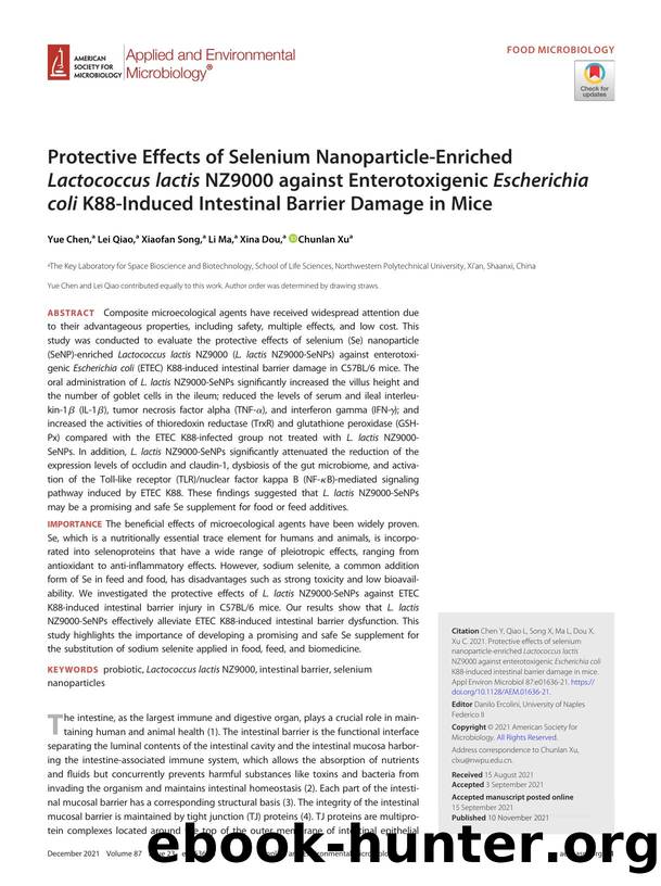 Protective Effects of Selenium Nanoparticle-Enriched Lactococcus lactis NZ9000 against Enterotoxigenic Escherichia coli K88-Induced Intestinal Barrier Damage in Mice by Yue Chen & Lei Qiao & Xiaofan Song & Li Ma & Xina Dou & Chunlan Xu