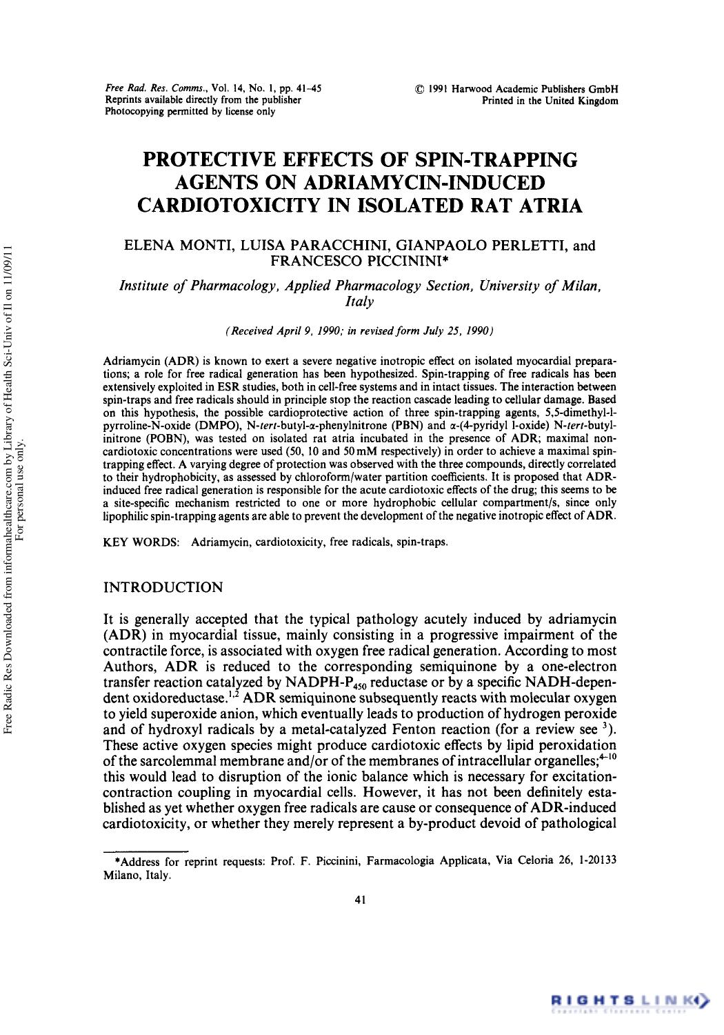 Protective Effects of Spin-Trapping Agents on Adriamycin-Induced Cardiotoxicity in Isolated Rat Atria by Elena Monti1 Luisa Paracchini1 Gianpaolo Perletti1 & Francesco Piccinini1†