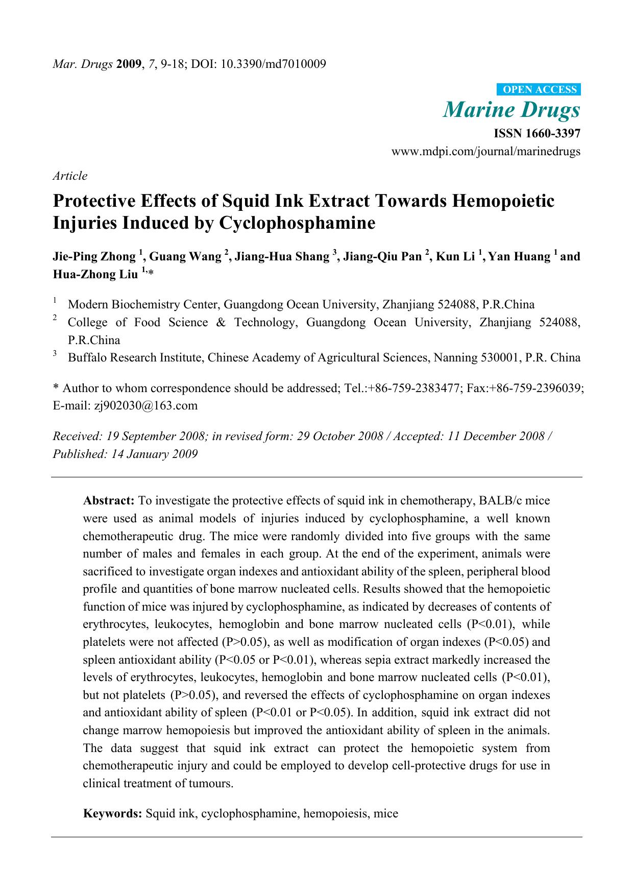 Protective Effects of Squid Ink Extract Towards Hemopoietic Injuries Induced by Cyclophosphamine by Jie-Ping Zhong & Guang Wang & Jiang-Hua Shang & Jiang-Qiu Pan & Kun Li & Yan Huang & Hua-Zhong Liu