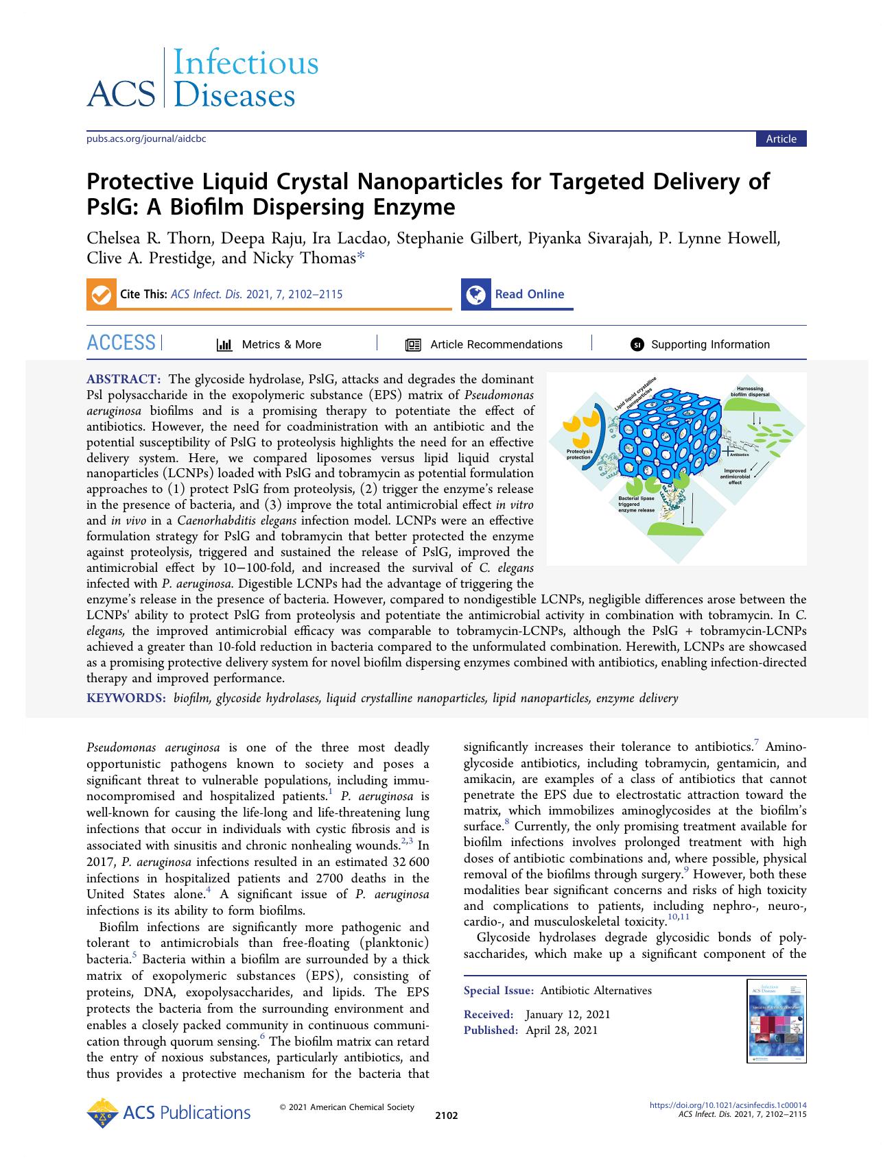 Protective Liquid Crystal Nanoparticles for Targeted Delivery of PslG: A Biofilm Dispersing Enzyme by unknow