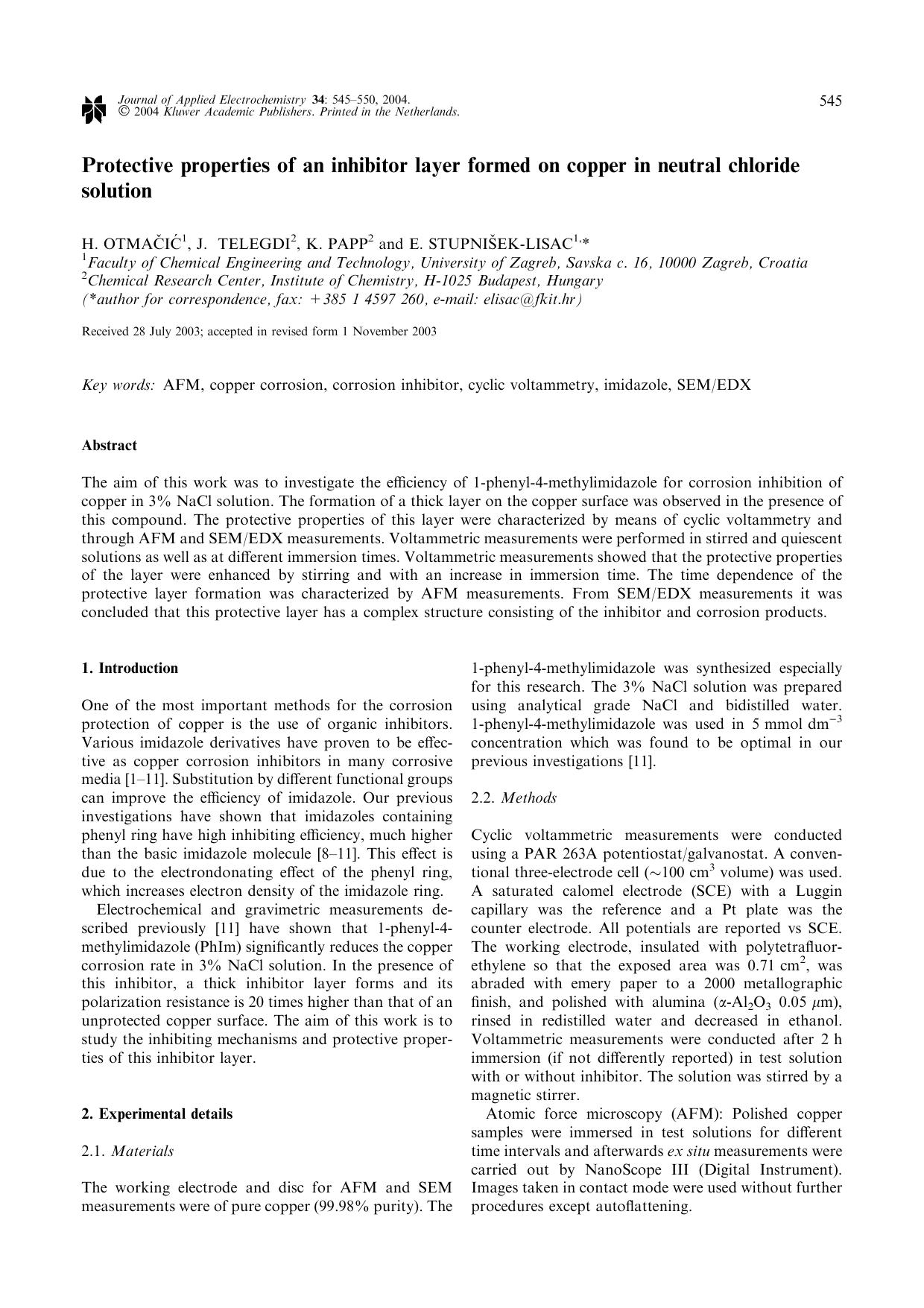 Protective Properties of An Inhibitor Layer Formed on Copper in Neutral Chloride Solution by Unknown