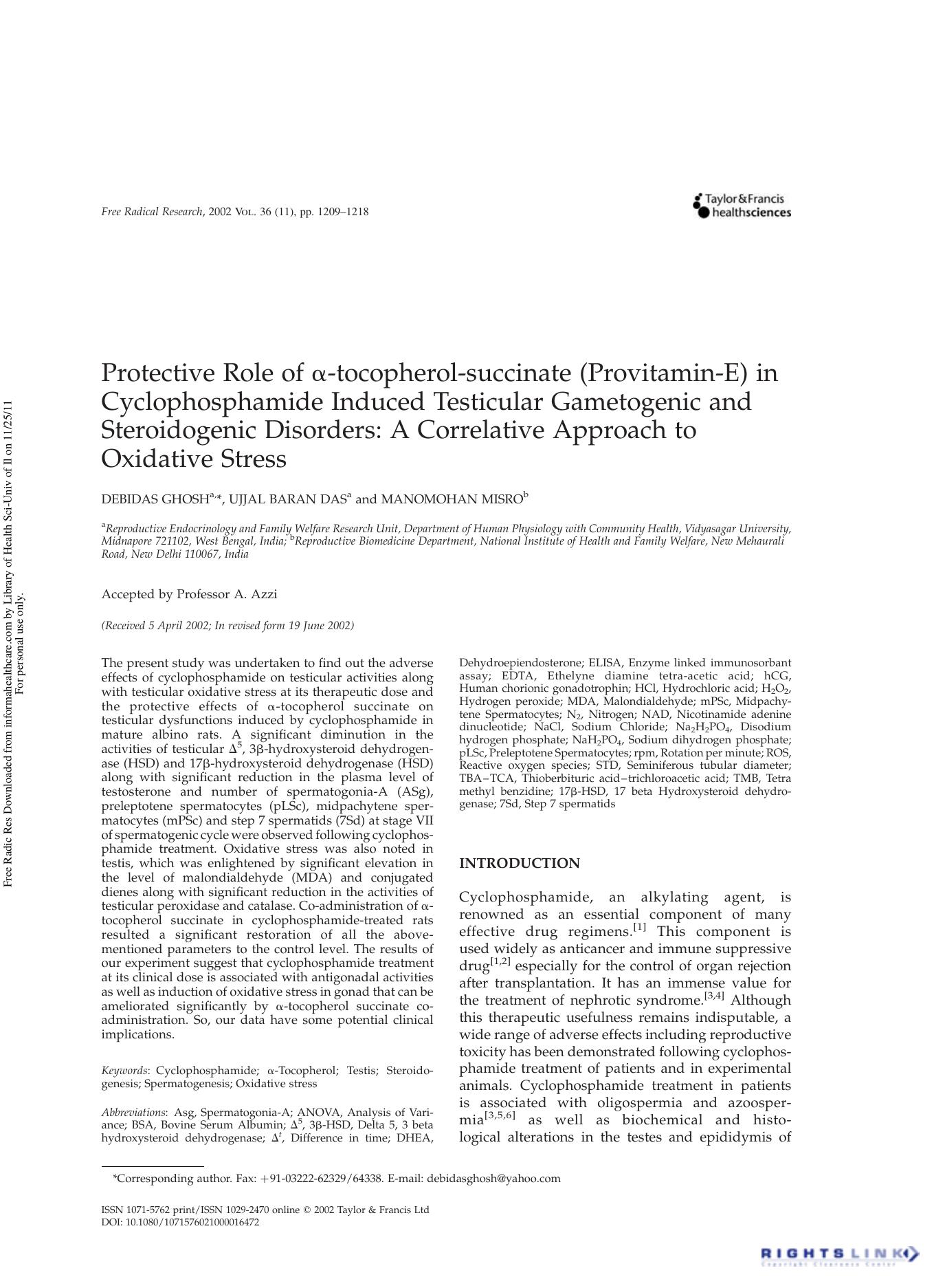Protective Role of Î±-tocopherol-succinate (Provitamin-E) in Cyclophosphamide Induced Testicular Gametogenic and Steroidogenic Disorders: A Correlative Approach to Oxidative Stress by Debidas Ghosh1 Ujjal Baran Das1 & Manomohan Misro2