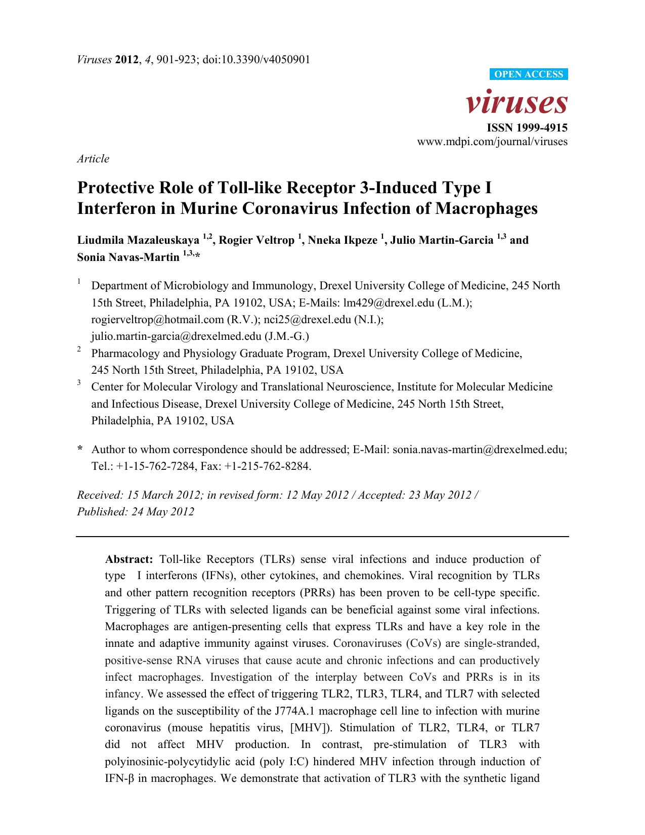 Protective Role of Toll-like Receptor 3-Induced Type I Interferon in Murine Coronavirus Infection of Macrophages by Liudmila Mazaleuskaya 1