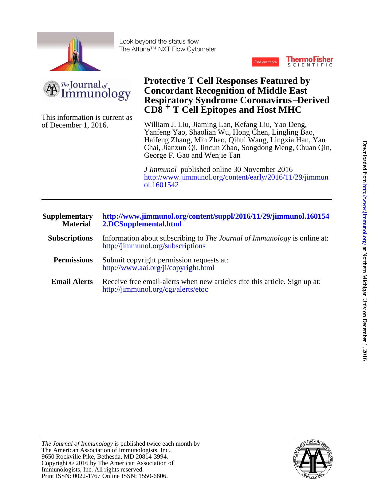 Protective T Cell Responses Featured by Concordant Recognition of Middle East Respiratory Syndrome Coronavirus–Derived CD8+ T Cell Epitopes and Host MHC by Unknown