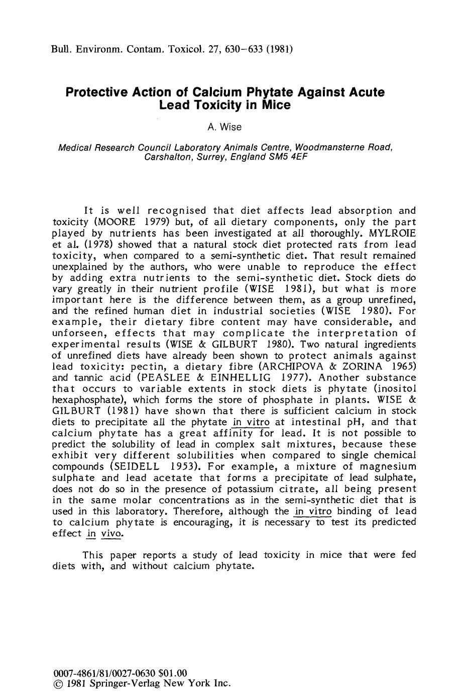 Protective action of calcium phytate against acute lead toxicity in mice by Unknown