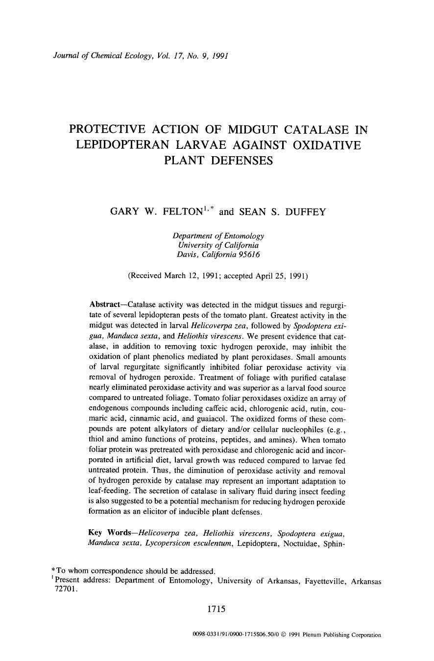 Protective action of midgut catalase in lepidopteran larvae against oxidative plant defenses by Unknown