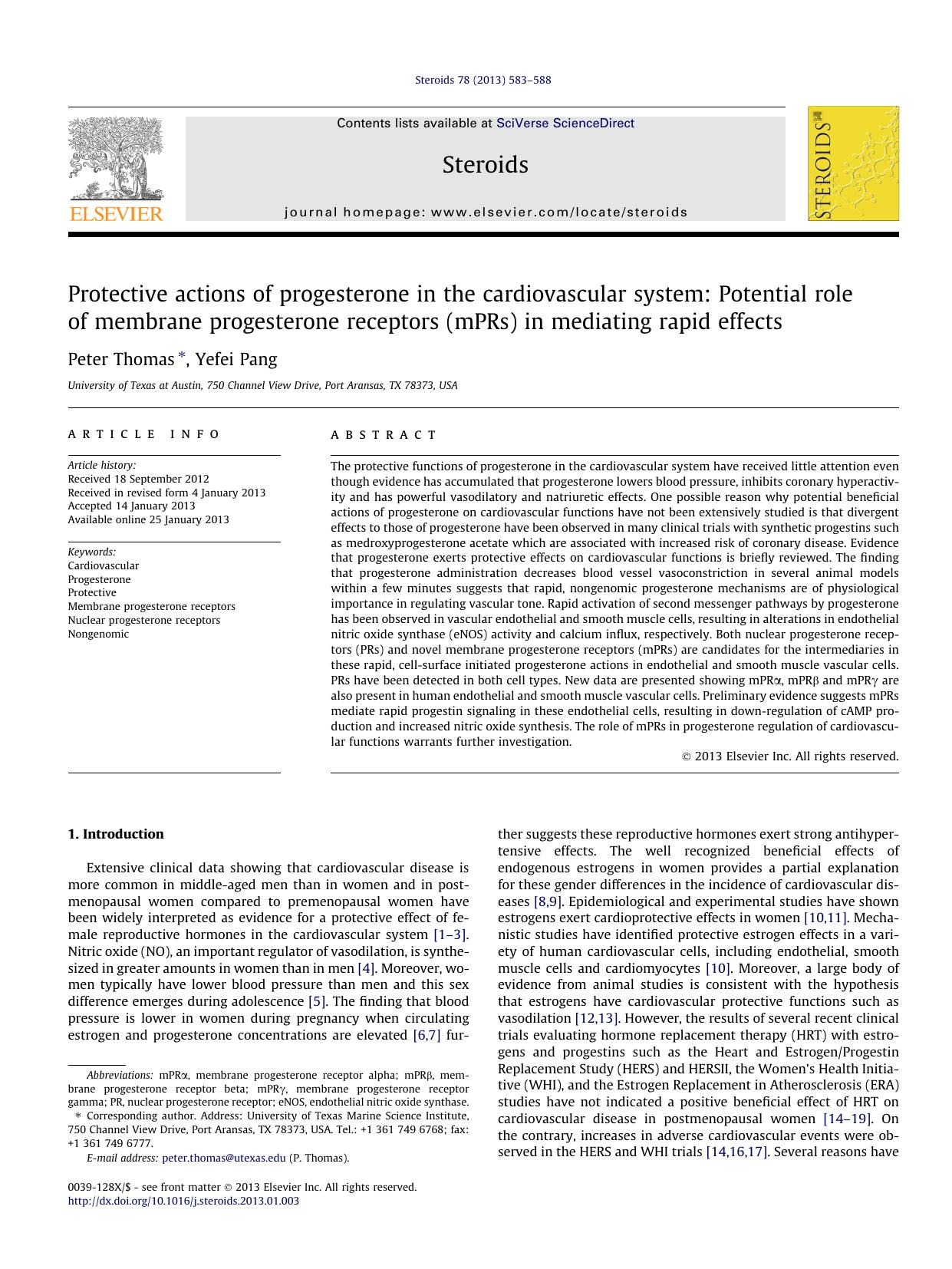 Protective actions of progesterone in the cardiovascular system: Potential role of membrane progesterone receptors (mPRs) in mediating rapid effects by Peter Thomas & Yefei Pang