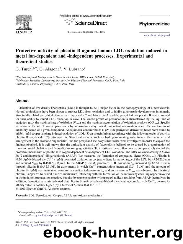 Protective activity of plicatin B against human LDL oxidation induced in metal ion-dependent and -independent processes. Experimental and theoretical studies by G. Turchi; G. Alagona; V. Lubrano