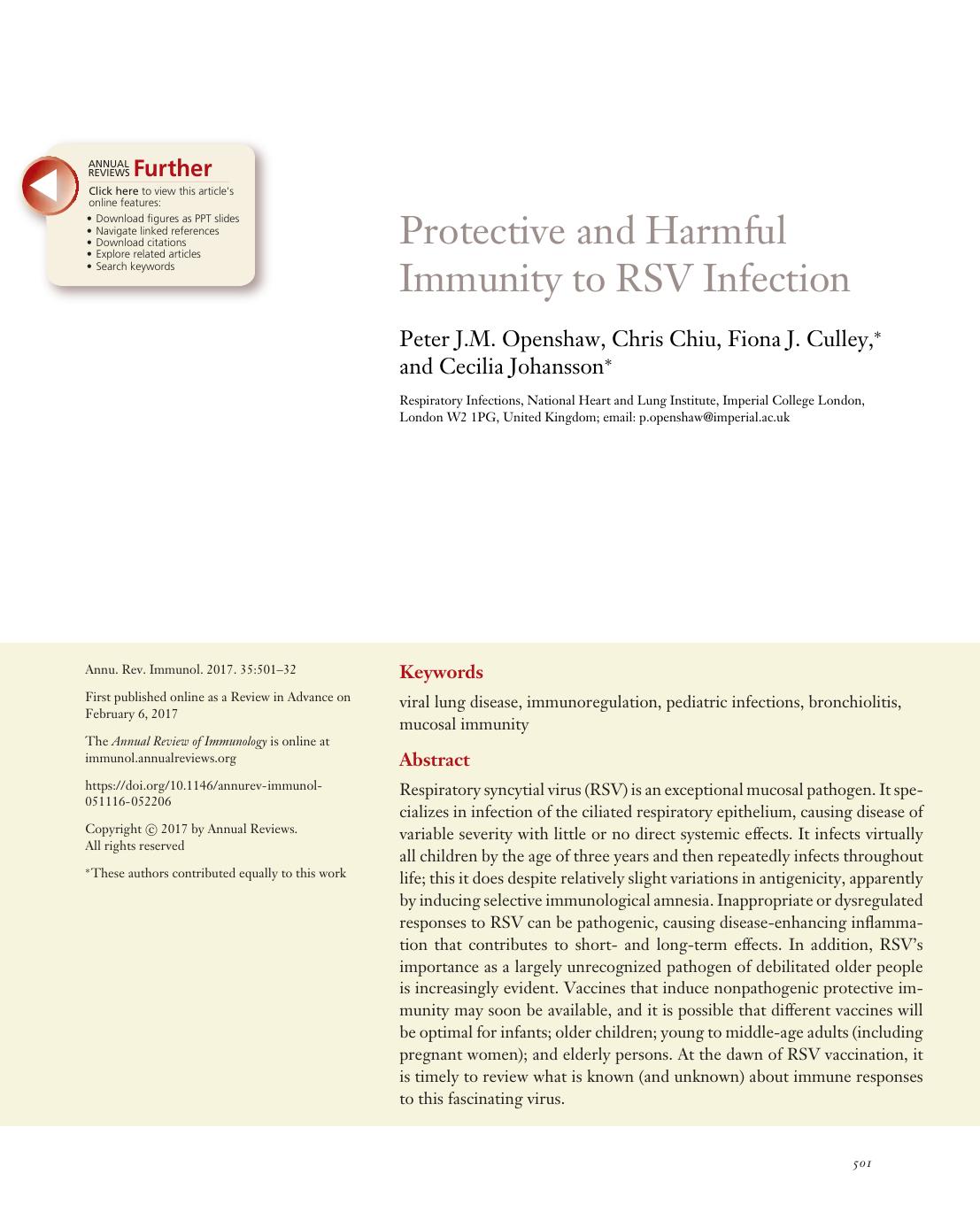 Protective and Harmful Immunity to RSV Infection by Peter J.M. Openshaw Chris Chiu Fiona J. Culley Cecilia Johansson