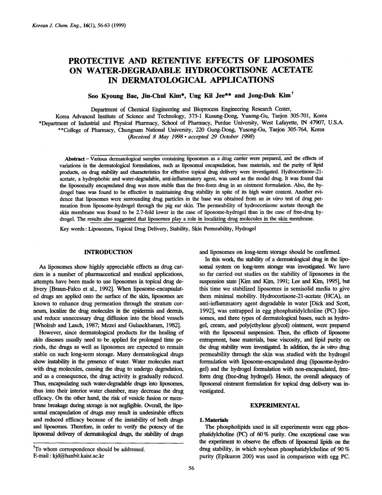 Protective and retentive effects of liposomes on water-degradable hydrocortisone acetate in dermatological applications by Unknown