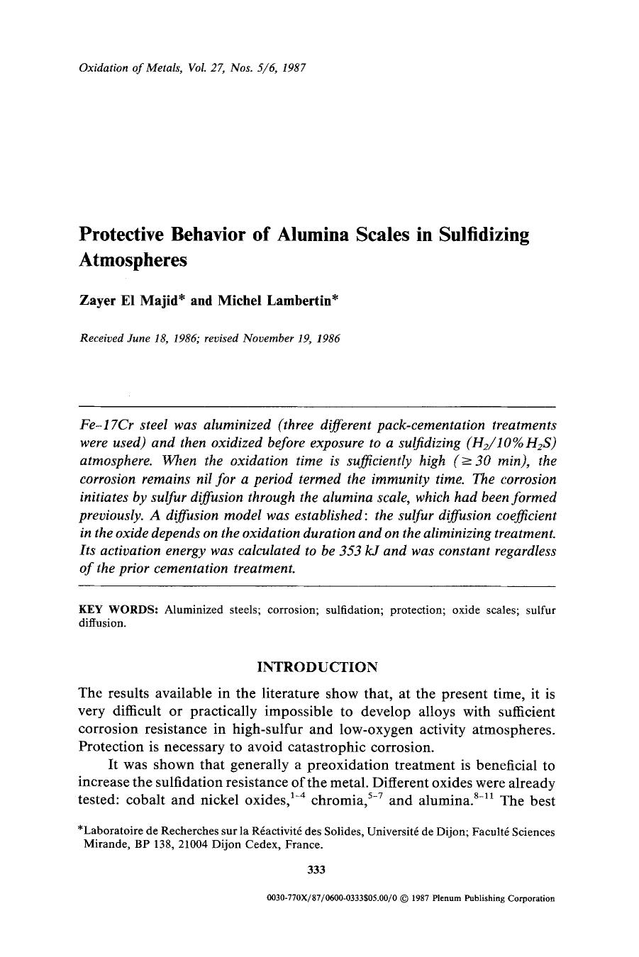 Protective behavior of alumina scales in sulfidizing atmospheres by Unknown