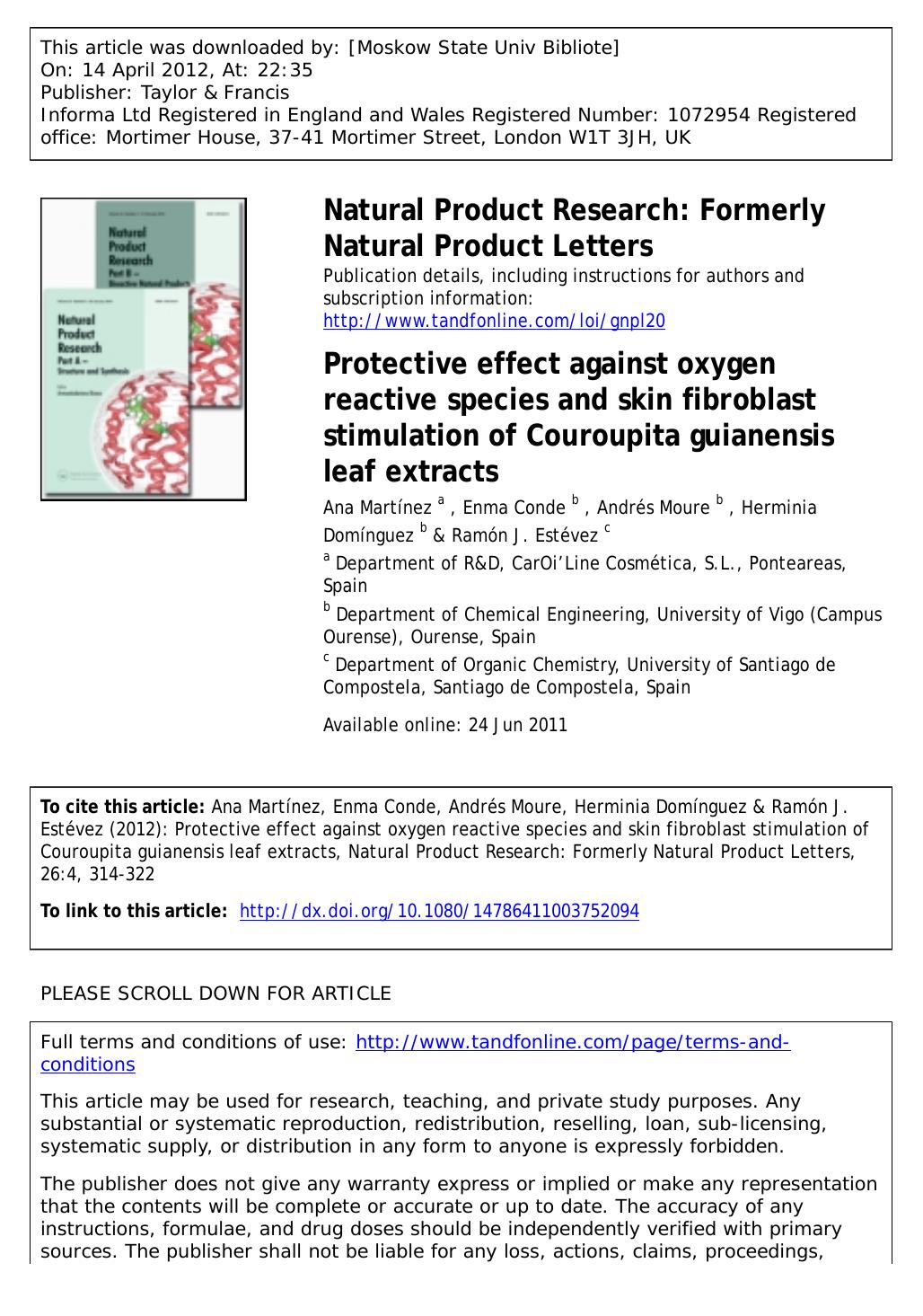 Protective effect against oxygen reactive species and skin fibroblast stimulation of Couroupita guianensis leaf extracts by unknow