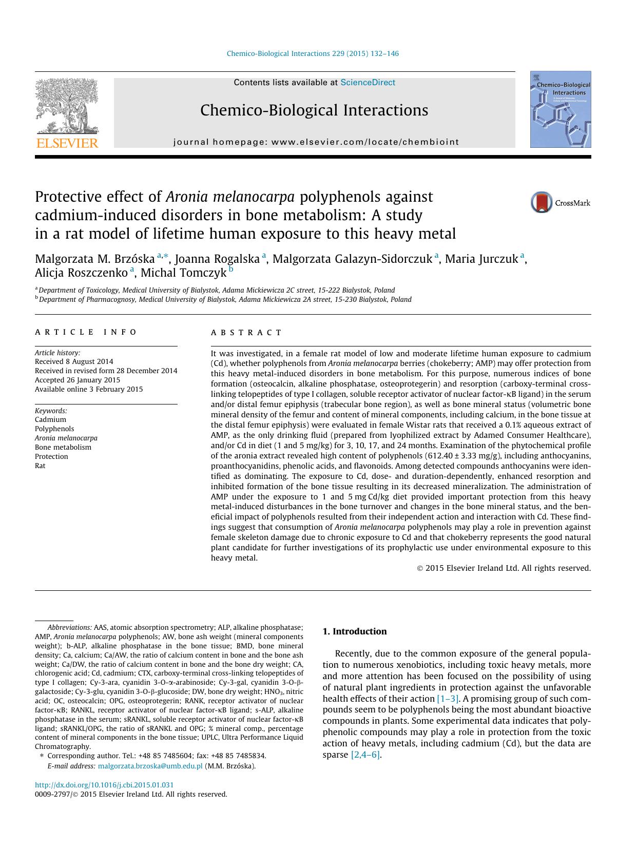 Protective effect of Aronia melanocarpa polyphenols against cadmium-induced disorders in bone metabolism: A study in a rat model of lifetime human exposure to this heavy metal by unknow