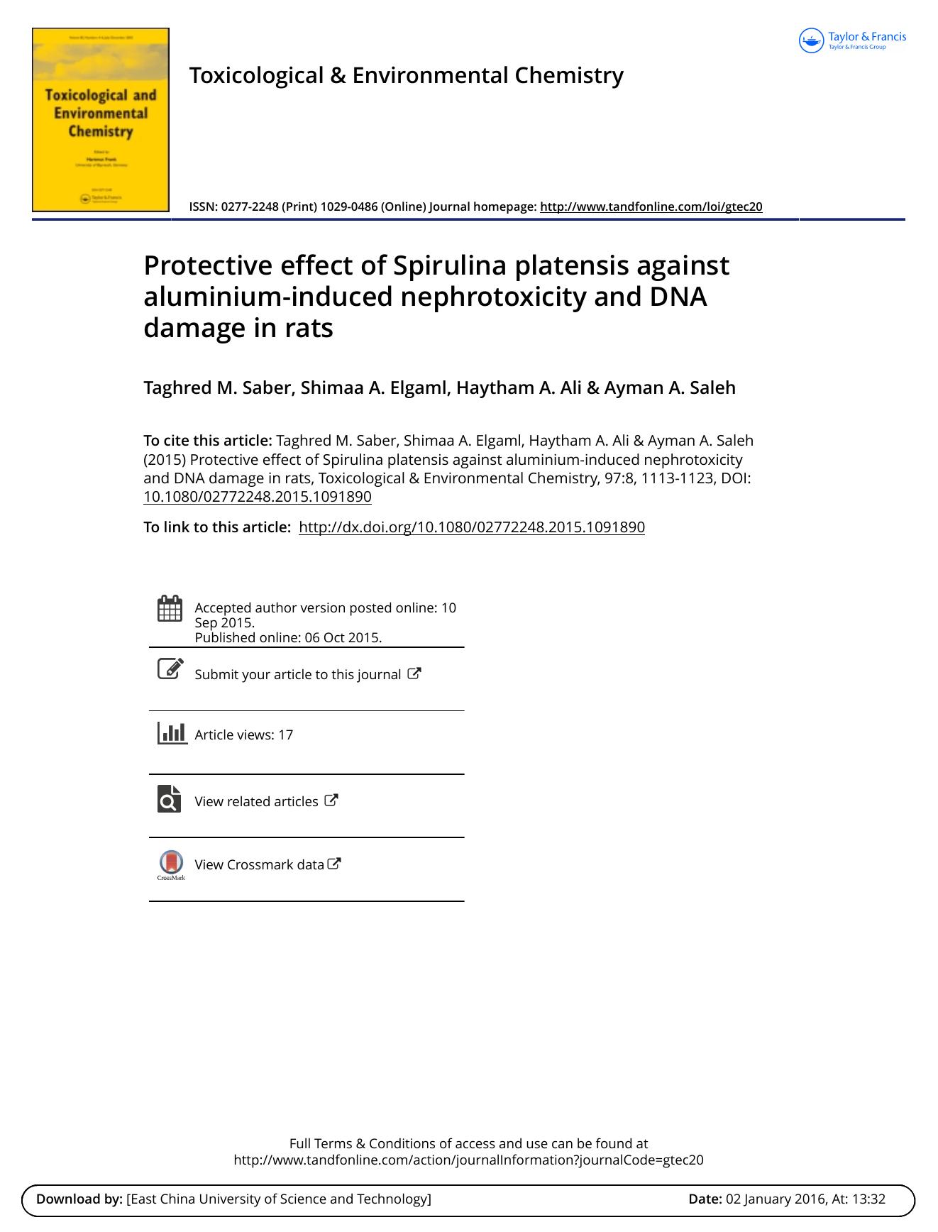 Protective effect of Spirulina platensis against aluminium-induced nephrotoxicity and DNA damage in rats by Taghred M. Saber