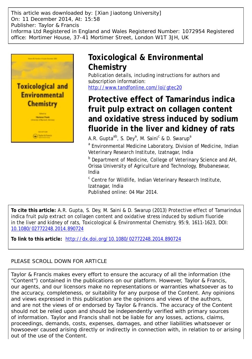 Protective effect of Tamarindus indica fruit pulp extract on collagen content and oxidative stress induced by sodium fluoride in the liver and kidney of rats by A.R. Gupta