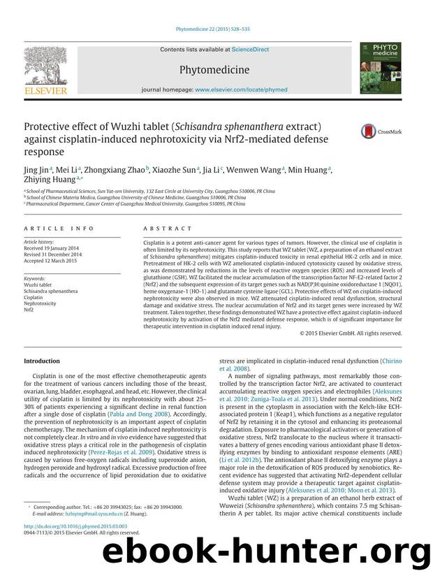 Protective effect of Wuzhi tablet (Schisandra sphenanthera extract) against cisplatin-induced nephrotoxicity via Nrf2-mediated defense response by Jing Jin & Mei Li & Zhongxiang Zhao & Xiaozhe Sun & Jia Li & Wenwen Wang & Min Huang & Zhiying Huang