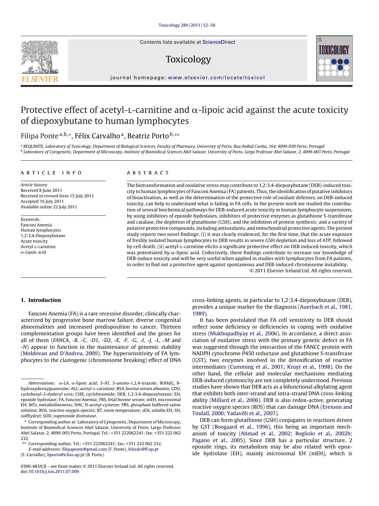 Protective effect of acetyl-l-carnitine and Î±-lipoic acid against the acute toxicity of diepoxybutane to human lymphocytes by Filipa Ponte