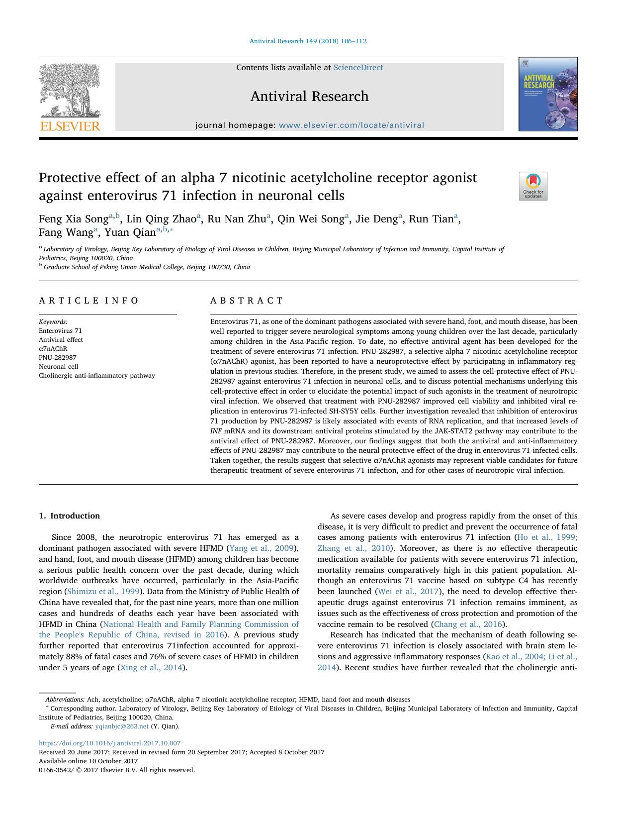 Protective effect of an alpha 7 nicotinic acetylcholine receptor agonist against enterovirus 71 infection in neuronal cells by unknow