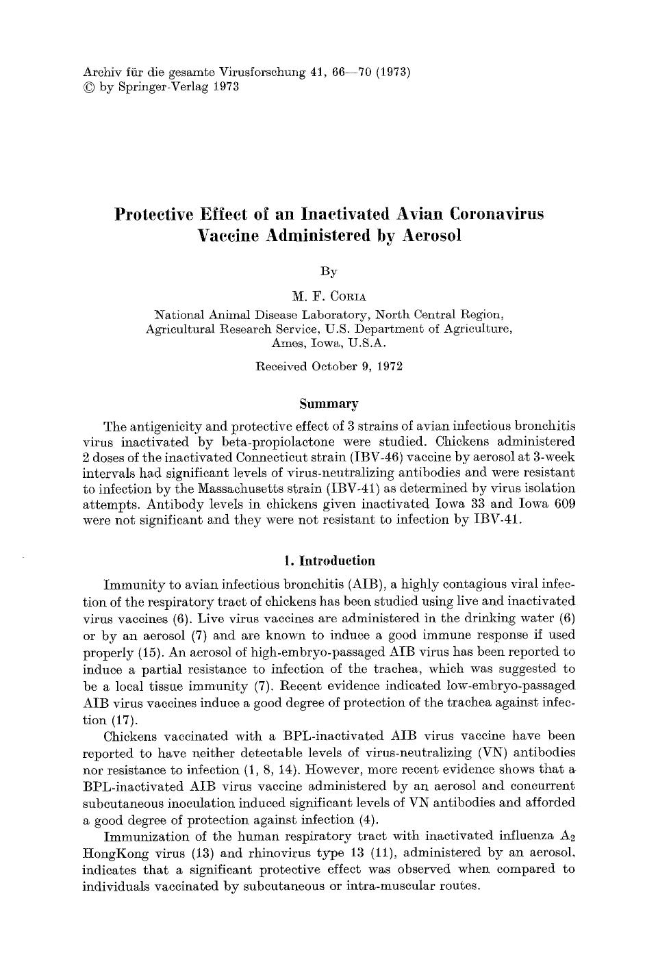 Protective effect of an inactivated avian coronavirus vaccine administered by aerosol by Unknown