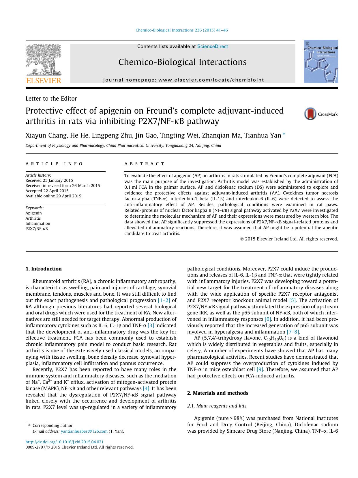 Protective effect of apigenin on FreundÃ¢â¬â¢s complete adjuvant-induced arthritis in rats via inhibiting P2X7NF-ÃÂºB pathway by Xiayun Chang & He He & Lingpeng Zhu & Jin Gao & Tingting Wei & Zhanqian Ma & Tianhua Yan