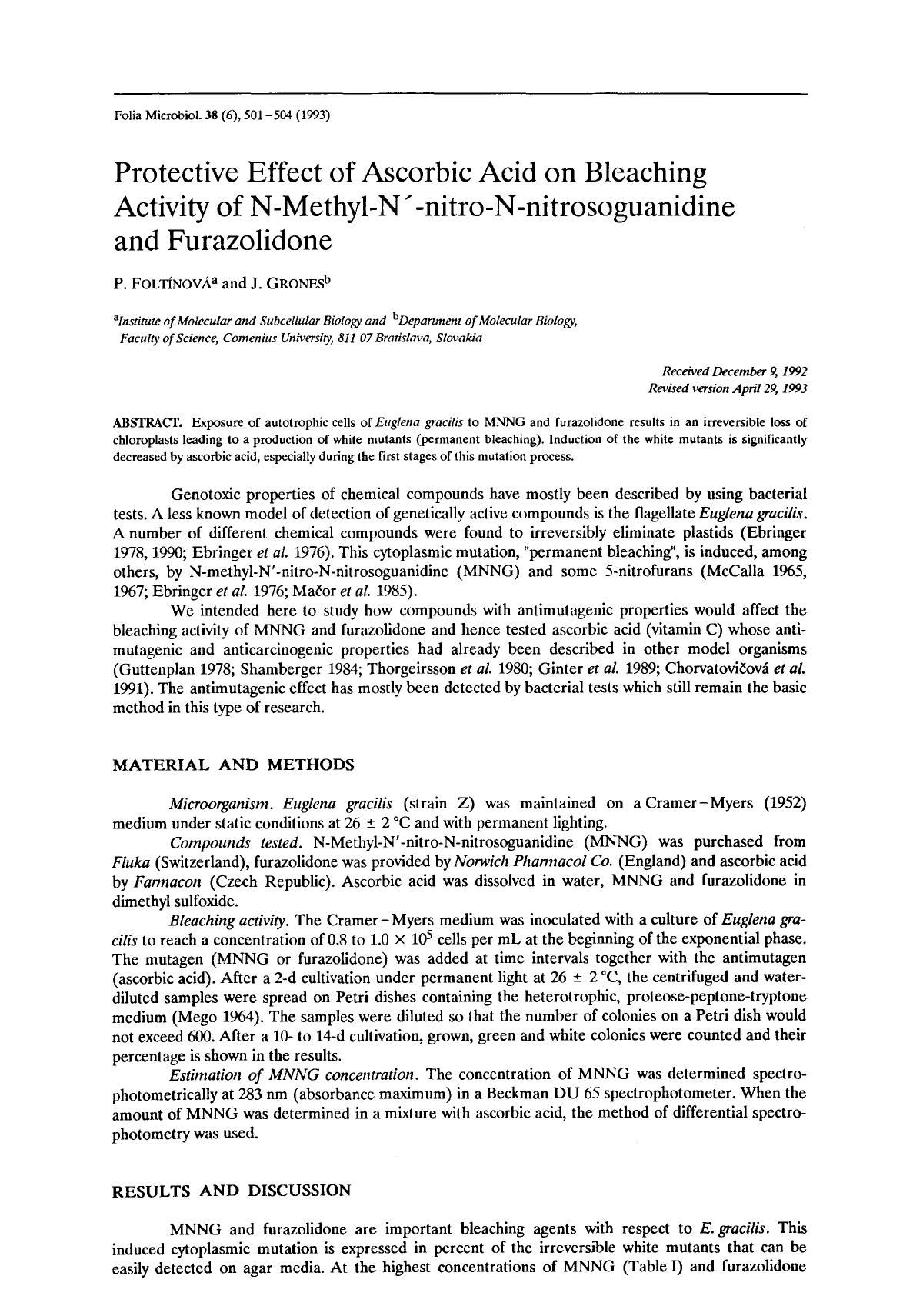 Protective effect of ascorbic acid on bleaching activity of N-methyl-N&#x2032;-nitro-N-nitrosoguanidine and furazolidone by Unknown