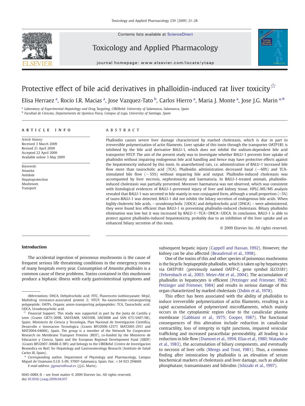 Protective effect of bile acid derivatives in phalloidin-induced rat liver toxicity by Elisa Herraez; Rocio I.R. Macias; Jose Vazquez-Tato; Carlos Hierro; Maria J. Monte; Jose J.G. Marin